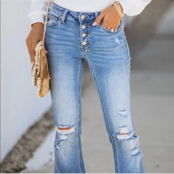New KanCan Distressed Button Fly Flare Leg Jeans Bell Bottoms - Picture 5 of 16